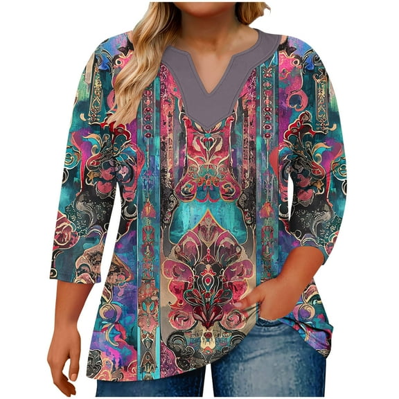 Yghzkop Plus Size Tops for Women Summer V Neck 3/4 Sleeve Floral Print T-Shirt Casual Loose Blouse Fashion Solid Color Tunic Tees Shirts