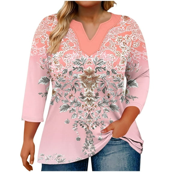 Yghzkop Plus Size Tops for Women Summer V Neck 3/4 Sleeve Floral Print T-Shirt Casual Loose Blouse Fashion Solid Color Tunic Tees Shirts