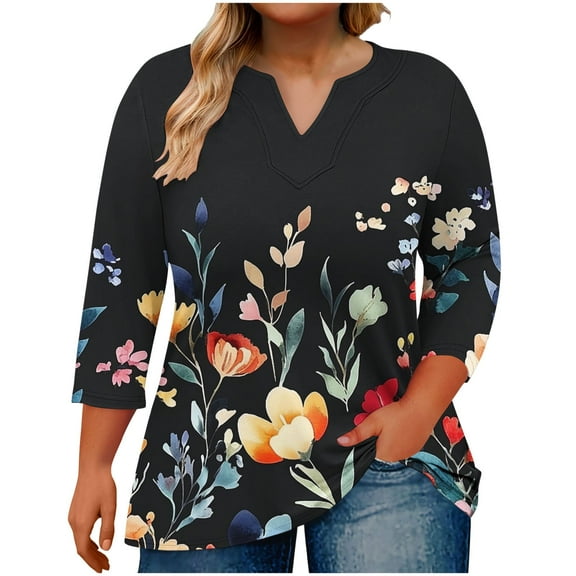 Yghzkop Plus Size Tops for Women Summer V Neck 3/4 Sleeve Floral Print T-Shirt Casual Loose Blouse Fashion Solid Color Tunic Tees Shirts