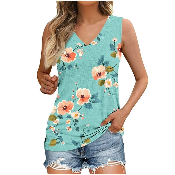 Yghzkop Summer Tank Tops for Women V-Neck Fashion Printed Tank Top Casual Breathable Tops Lightweight Loose Fit Sleeveless Tunic T-shirts Beach Coverups Everyday Essentials Blouse Activewear Camisole