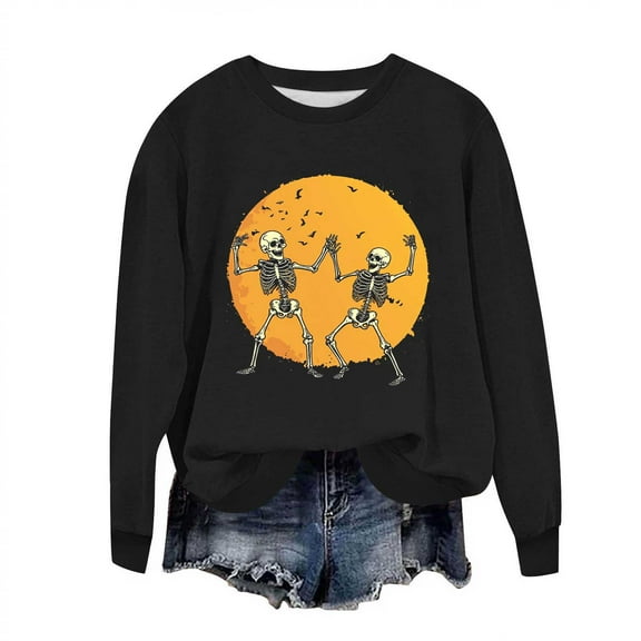Yghzkop Sweatshirts for Women Halloween Graphic Print Crewneck Sweatshirt Casual Pullover Long Sleeve Round Neck Hoodless Top Spooky theme Loose Fit Fall Party Streetwear