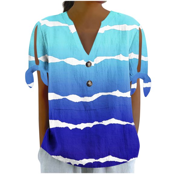 Yghzkop T Shirts for Women Short Sleeve V-Neck Tops Fashion Gradient Striped Button Blouse Crinkle Design Loose Fit Summer Tunic Shirt Casual Vacation Essentials Beach Resorts Outfits