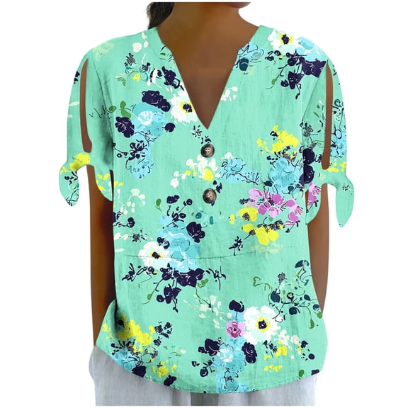 Yghzkop T Shirts for Women Short Sleeve V-Neck Tops Fashion Gradient Striped Button Blouse Crinkle Design Loose Fit Summer Tunic Shirt Casual Vacation Essentials Beach Resorts Outfits