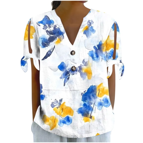 Yghzkop T Shirts for Women Short Sleeve V-Neck Tops Fashion Gradient Striped Button Blouse Crinkle Design Loose Fit Summer Tunic Shirt Casual Vacation Essentials Beach Resorts Outfits