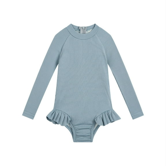 Yghzkop Toddler Swimsuit Girl Fashion Girls' Solid Color Long Sleeved Ruffle Strap Swimsuits Back Zipper UV Protection One -piece Swimsuit vertical Striped Comfy Swimwear