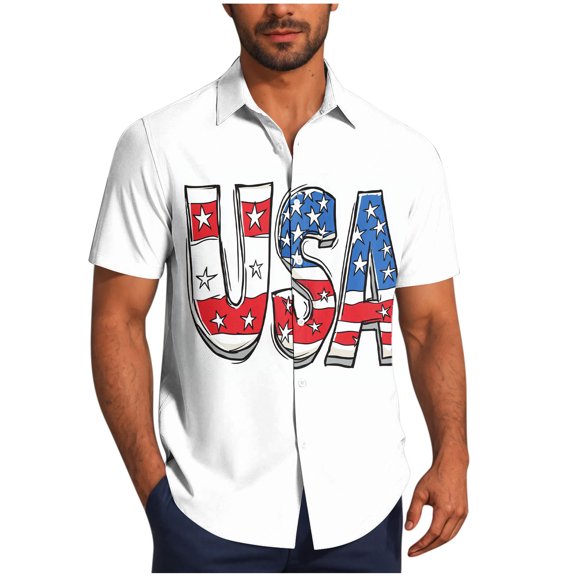 Yghzkop Vintage Shirts for Men Summer Short Sleeve Button-Up Tops Cuban Collar Beach Shirts Retro Independence Day Print Lightweight Blouse Wrinkle-Resistant Vacation Wear