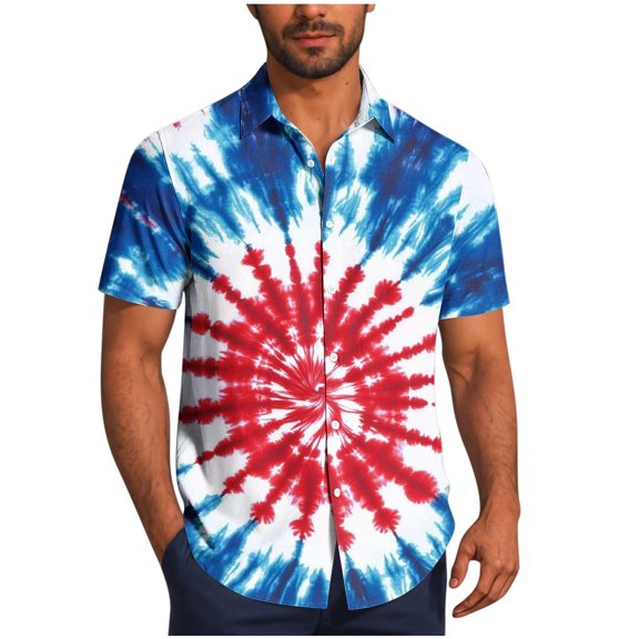 Yghzkop Vintage Shirts for Men Summer Short Sleeve Button-Up Tops Cuban Collar Beach Shirts Retro Independence Day Print Lightweight Blouse Wrinkle-Resistant Vacation Wear