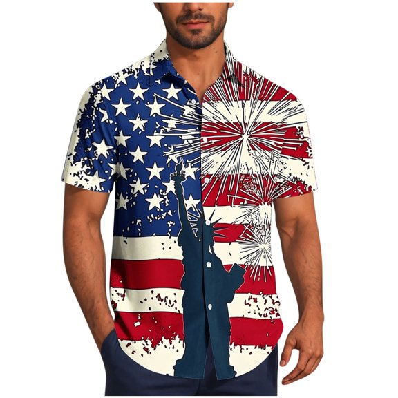 Yghzkop Vintage Shirts for Men Summer Short Sleeve Button-Up Tops Cuban Collar Beach Shirts Retro Independence Day Print Lightweight Blouse Wrinkle-Resistant Vacation Wear