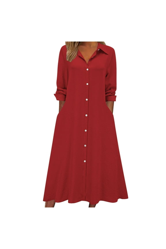 Women Temperament Dress V Neck Button Down Ankle Length Quarter Sleeve Elegant office Chic Minimalist Modern Feminine Fall Layering Staple