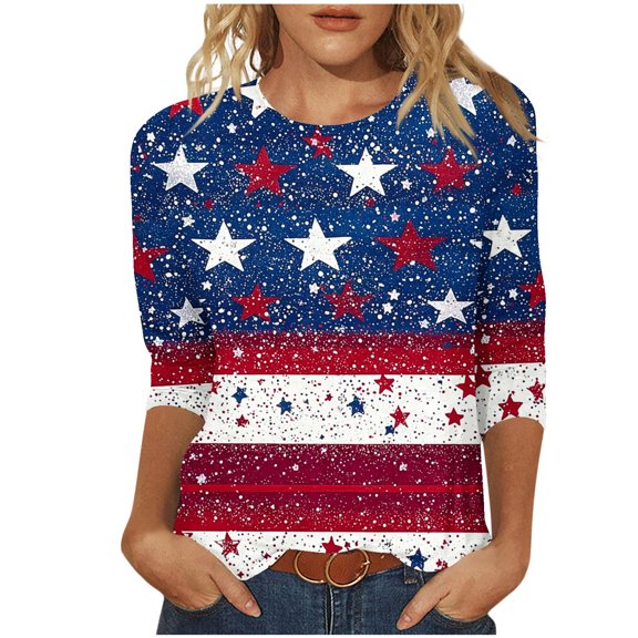 Yghzkop Women's 3/4 Sleeve Pullover Blouses Independence Day Front Print Round Neck Tops Stretch Jersey Fabric office Casual Tunic Wrinkle-Free Workwear Essentials