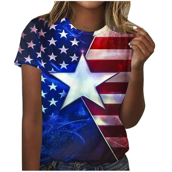 Yghzkop Women's 4th of July Printed Round Neck T-Shirts Summer Casual Short Sleeve Blouse Breathable Cotton Relaxed Fit Patriotic Graphic Tee for Outdoor Events