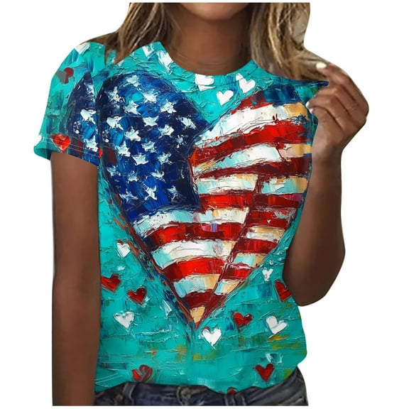 Yghzkop Women's 4th of July Printed Round Neck T-Shirts Summer Casual Short Sleeve Blouse Breathable Cotton Relaxed Fit Patriotic Graphic Tee for Outdoor Events