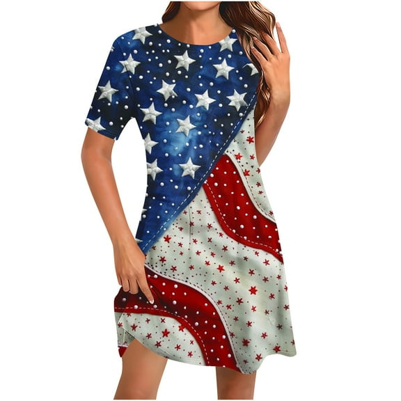 Yghzkop Women's 4th of July Casual Dress Round Neck Short Sleeve Loose Fit Comfortable Summer Dress