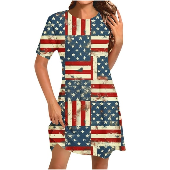 Yghzkop Women's 4th of July Casual Dress Round Neck Short Sleeve Loose Fit Comfortable Summer Dress