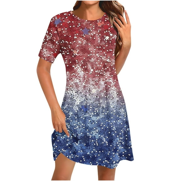 Yghzkop Women's 4th of July Casual Dress Round Neck Short Sleeve Loose Fit Comfortable Summer Dress
