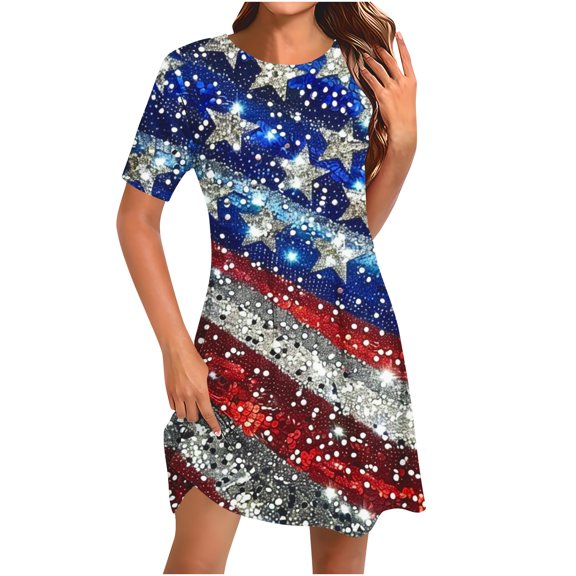 Yghzkop Women's 4th of July Casual Dress Round Neck Short Sleeve Loose Fit Comfortable Summer Dress