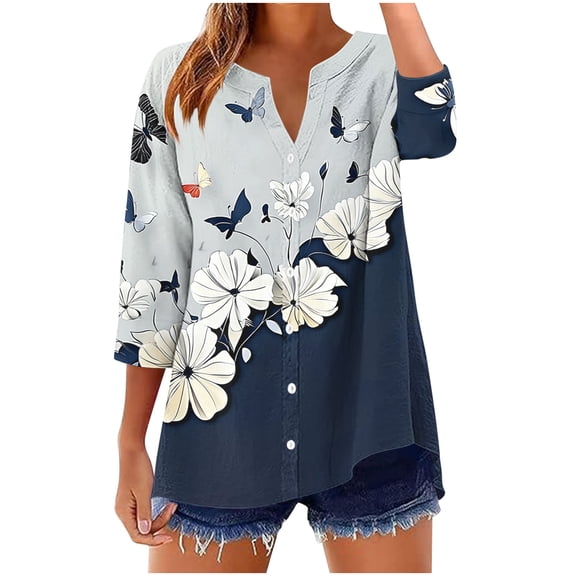 Yghzkop Women's Abstract Print Blouse V Neck 3/4 Roll Up Sleeve Loose Fit Casual Top Button Down Shirt Boho Chic Fall Fashion Tunic