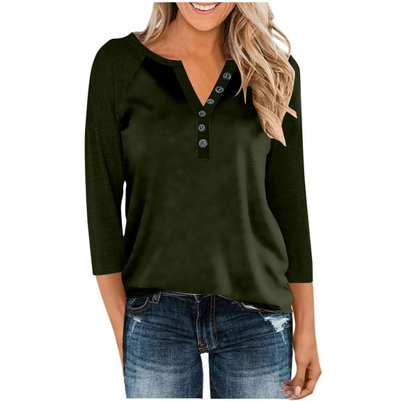Yghzkop Women's Button Down V Neck 3/4 Sleeve Raglan T-Shirt Top Loose Fit Casual Blouse Baseball Tee Drop Shoulder Comfortable Daily Top