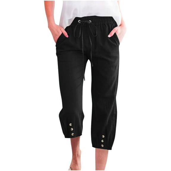 Yghzkop Women's Casual Cropped Pants Elastic Waist Straight Leg Trousers Colored Cotton Linen Blend with Side Pockets for Urban Streetwear Mid-Calf Breathable