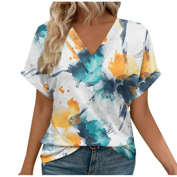 Yghzkop Women's Casual Tops Short Sleeve V-Neck T-shirts 2025 Summer Fashion Loose Fit Top Floral Print Beach Coverups Lightweight Tunic Vacation Ready Outfits Shirt Blouses Tees