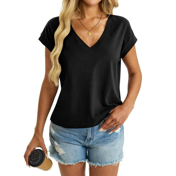 Yghzkop Women's Casual V-Neck Drop Shoulder Short Sleeve Blouse Solid Color Summer Tops Loose Fit T-Shirt Tee Ladies Shirt Basic Stretch Soft Comfortable Daily Wear Fashion Tunic