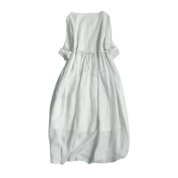 Yghzkop Women's Embroidered Bohe Maxi Dress 3/4 Sleeve Round Neck Tie Waist Flowy Summer Loose Long Dress