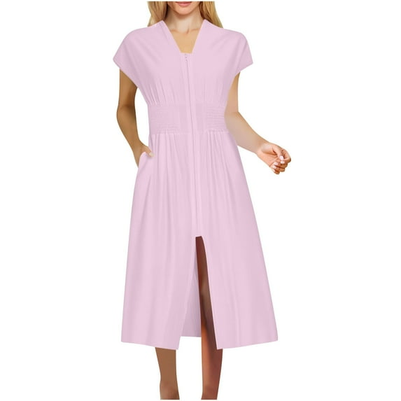 Yghzkop Women's Front Zipper Pleated V-Neck Midi Dress Solid Color Comfort Fit Pocket Dress Elegant Casual Dress