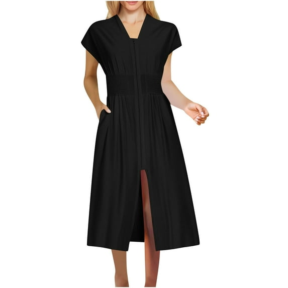 Yghzkop Women's Front Zipper Pleated V-Neck Midi Dress Solid Color Comfort Fit Pocket Dress Elegant Casual Dress