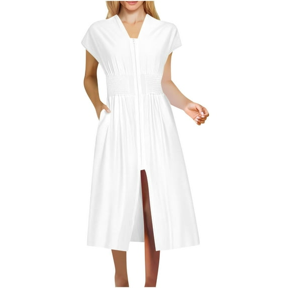 Yghzkop Women's Front Zipper Pleated V-Neck Midi Dress Solid Color Comfort Fit Pocket Dress Elegant Casual Dress