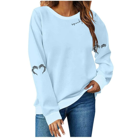 Yghzkop Women's Halloween Printed Long Sleeve T-Shirts Round Neck Hoodies Sweatshirts Loose Blouse Casual Pullover Top Fall Graphic Spooky Season Tee