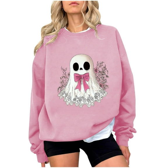 Yghzkop Women's Halloween Printed Round Neck Hoodies Pullover Sweatshirt Long Sleeve Oversized Loose Blouse Casual Top Spooky Season Graphic Streetwear