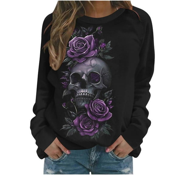Yghzkop Women's Halloween Printed Tops Fashion Long Sleeve Round Neck Sweatshirt Casual Loose Fit Shirt Pullover Fall Graphic Tee Spooky Festival Cotton Streetwear Tunic Crewneck T-shirts Blouses