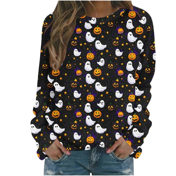Yghzkop Women's Halloween Printed Tops Fashion Long Sleeve Round Neck Sweatshirt Casual Loose Fit Shirt Pullover Fall Graphic Tee Spooky Festival Cotton Streetwear Tunic Crewneck T-shirts Blouses
