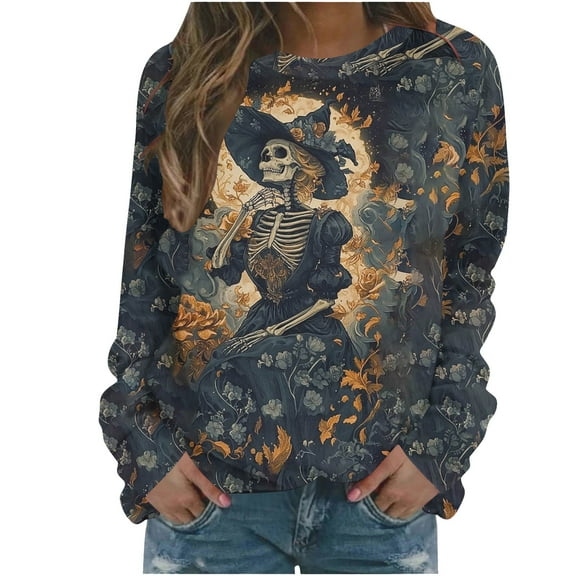 Yghzkop Women's Halloween Printed Tops Fashion Long Sleeve Round Neck Sweatshirt Casual Loose Fit Shirt Pullover Fall Graphic Tee Spooky Festival Cotton Streetwear Tunic Crewneck T-shirts Blouses