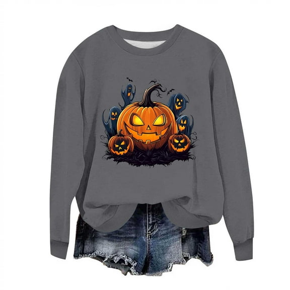 Yghzkop Women's Halloween Sweatshirts Graphic Print Crewneck Sweatshirt Casual Pullover Long Sleeve Round Neck Hoodless Top Spooky theme Loose Fit Fall Party Streetwear
