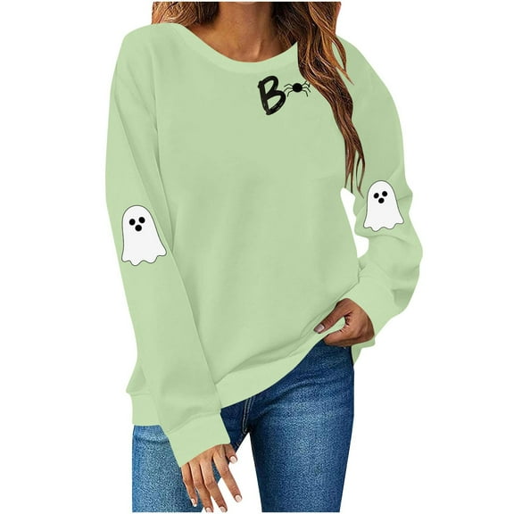 Yghzkop Women's Halloween Sweatshirts Printed Round Neck Long Sleeve Loose Fit Pullover Top Fall Holiday Graphic Crewneck Blouse Cute Casual Sweater