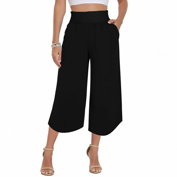 Yghzkop Women's High Waist Cropped Pants Wide Leg Split Hem Trousers Side Pockets Summer Solid Color Casual office Palazzo Stretch Ankle Length Capri Pant