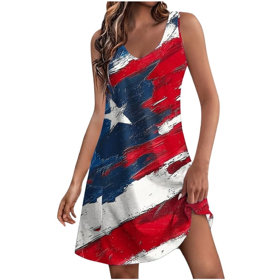 Yghzkop Women's Independence Day Patriotic Print Sleeveless Dress V-Neck Summer 4th of July Casual Beach Tunic Midi Dress with Pockets
