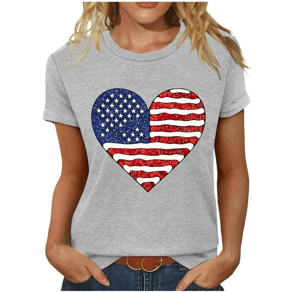 Yghzkop Women's Independence Day T-Shirts Summer 4th of July Tees Casual Looes Fit V-Neck Patriotic Shirt Short Sleeve Shirts USA Flag Stars Stripes Graphic Comfy Tops Blouses