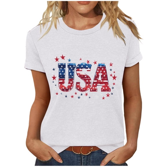 Yghzkop Women's Independence Day T-Shirts Summer 4th of July Tees Casual Looes Fit V-Neck Patriotic Shirt Short Sleeve Shirts USA Flag Stars Stripes Graphic Comfy Tops Blouses