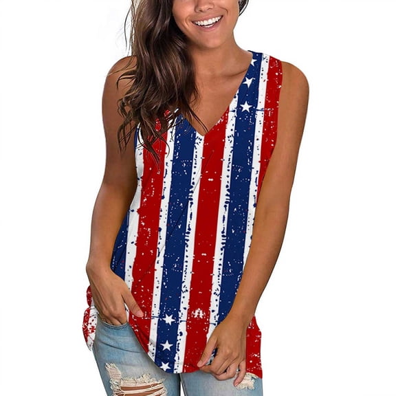 Yghzkop Women's Independence Day Tank Tops Vest Sleeveless V-Neck Top Printed Patriotic Tee Casual Loose Fit Breathable Tank Shirt Holiday Party Wear