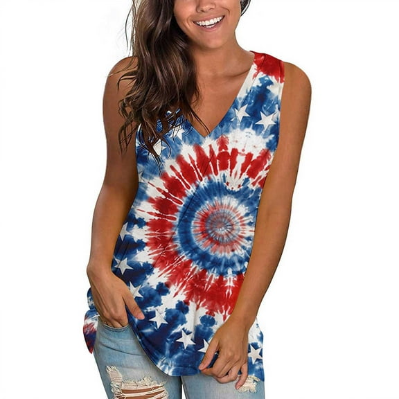 Yghzkop Women's Independence Day Tank Tops Vest Sleeveless V-Neck Top Printed Patriotic Tee Casual Loose Fit Breathable Tank Shirt Holiday Party Wear