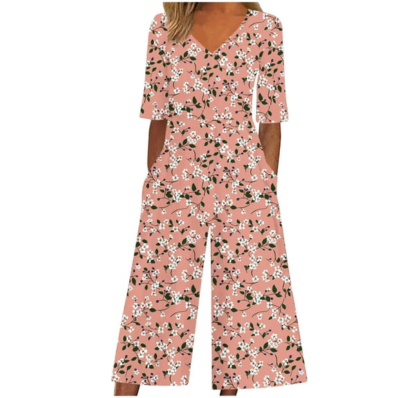 Yghzkop Women's Jumpsuit Floral Print V Neck Short Sleeve Back Zipper Side Pockets Wide Leg Wrinkle-Free Summer Beach Loose Fit Trendy Outfit