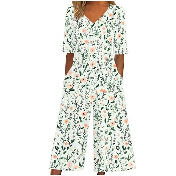 Yghzkop Women's Jumpsuit Floral Print V Neck Short Sleeve Back Zipper Side Pockets Wide Leg Wrinkle-Free Summer Beach Loose Fit Trendy Outfit