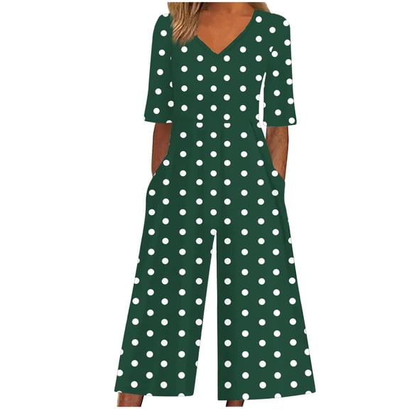 Yghzkop Women's Jumpsuit Polka Dot Print V Neck Short Sleeve Back Zipper Side Pockets Elastic Waist Summer Travel Outfit