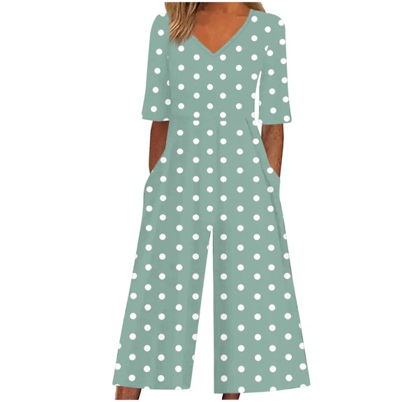Yghzkop Women's Jumpsuit Polka Dot Print V Neck Short Sleeve Back Zipper Side Pockets Elastic Waist Summer Travel Outfit