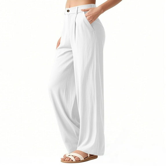 Bzhegqhd Women's Linen Blend Wide Leg Dress Pants office to Dinner Trousers Elastic Waist Hidden Zipper Pockets Business Professional Breathable Summer Work Attire Minimalist Chic Pants