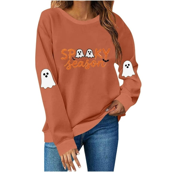 Yghzkop Women's Loose Fit Halloween Graphic Long Sleeve Tops Round Neck Pullover Sweater Cozy Fall Party Wear Casual Crewneck Blouse with Funny Print