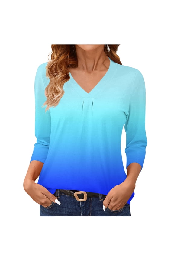 Women's Ombre Gradient Color V Neck 3/4 Sleeve Basic Tee Casual Layering T-Shirt Three Quarter Length Round Hem Comfort Stretch Fashion Top