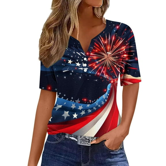 Yghzkop Women's Patriotic T-Shirts 4th of July Independence Day Button Front Round Neck Short Sleeve Blouse Lightweight Poly-Cotton Blend Loose Fit Shirt Weekend Street Style Tops